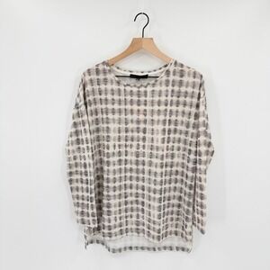 Tie Dye Grid Soft Knit Relaxed Boho Top M Shibori Minimalist Layering Neutral